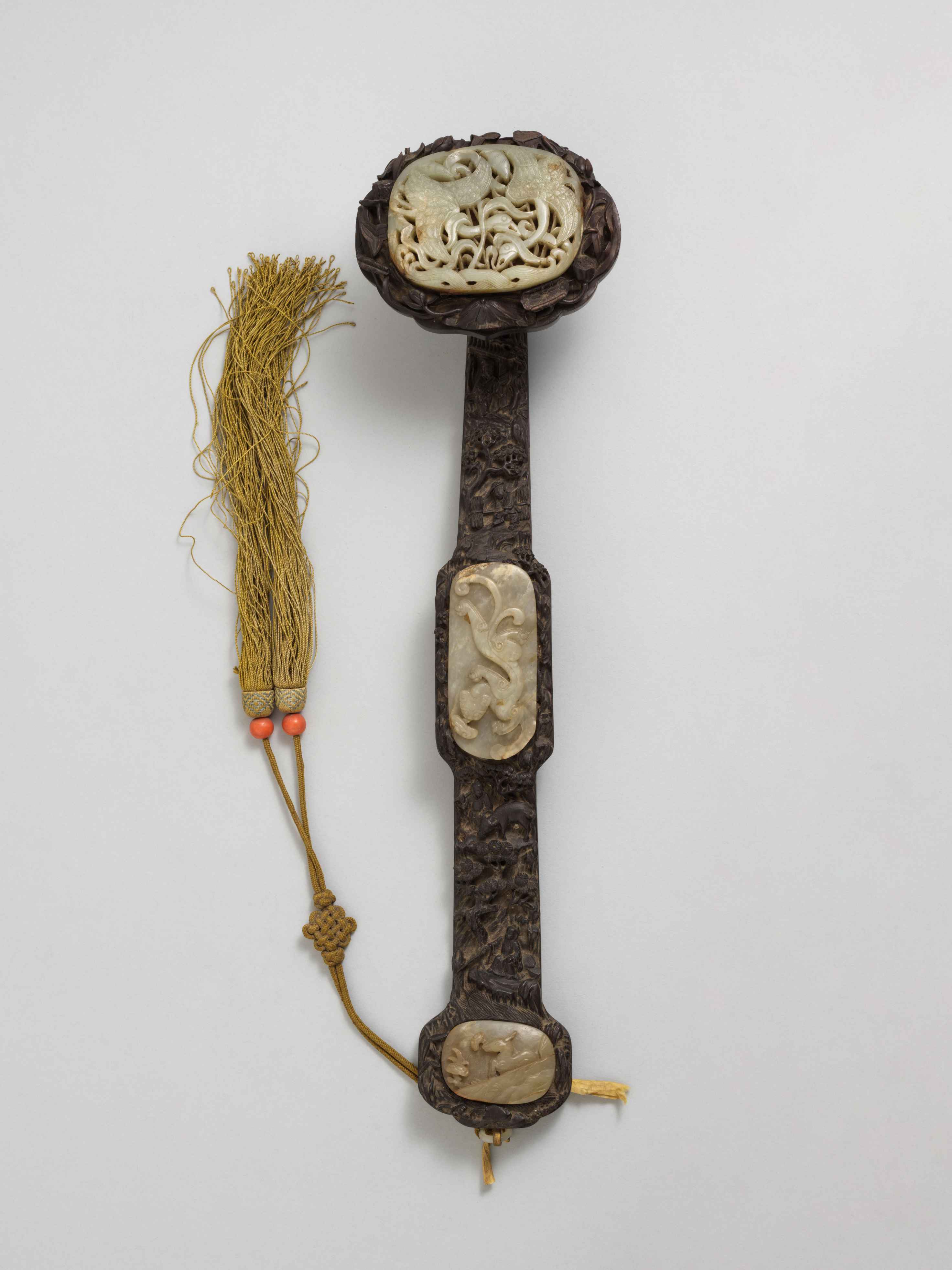 紫檀雕渔樵耕读嵌青玉雕芦雁纹三镶如意